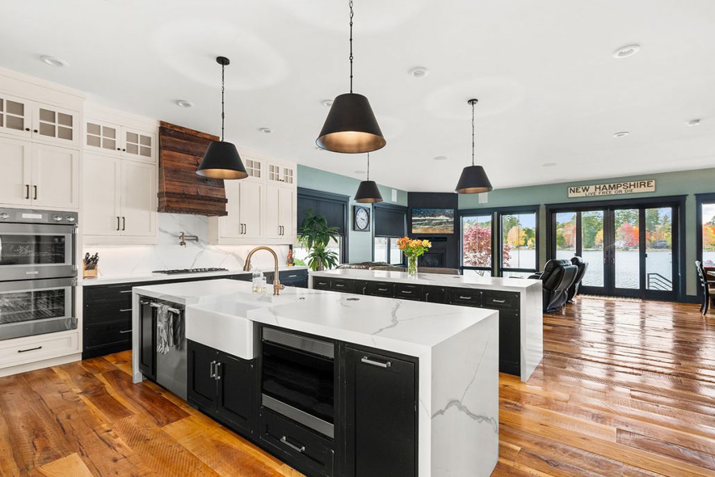 Kitchen islands are inset cabinetry with a distressed shaker doors