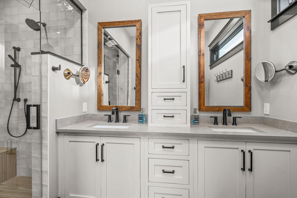 Master bath is Poblenuo Suede quartz by Silestone